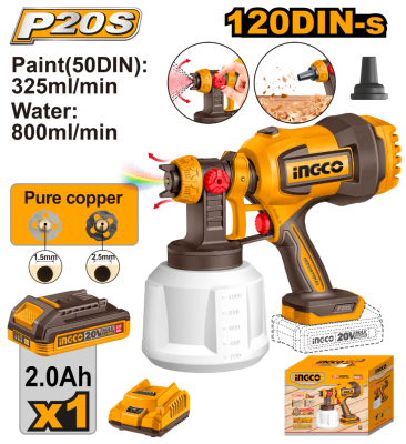 PISTOLA PARA PINTAR A BATERIA P20S 20V + BATERIA + CARGADOR + ACCESORIOS INGCO CSGLI200421