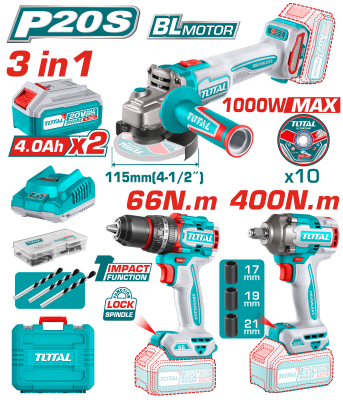 COMBO 20V AMOLADORA + TALADRO + LLAVE IMPACTO 2X4.0AH1