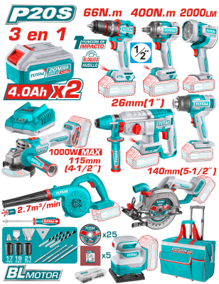 COMBO 20V 9 EN 1. TALADRO, LLAVES, ROTOMARTILLO, AMOLADORA, LINTERNA Y MÁS 2X4.0AH + ACC1