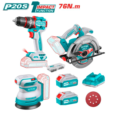 MEGA COMBO CIRCULAR + TALADRO 76NM + LIJADORA ÓRBITAL 20V – TOTAL1
