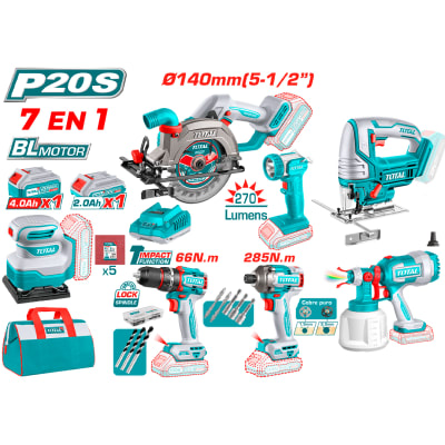 PERCUTOR+ATORNILLADOR 285NM + SIERRA CIRCULAR +LINTERNA + LIJADORA + SIERRA CALADORA + PISTOLA DE PINTAR 20V 2.0AH + 4.0AH 7 EN 1 INDUSTRIAL1