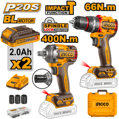 SET ATORNILLADOR PERCUTOR 20V BATERIA P20S + LLAVE DE IMPACTO 400NM 20V P20S C VALIJA Y BAT INGCO CK1