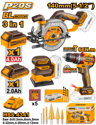 Sierra circular + Percutor 66Nm + Lijadora 20v1