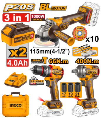 ESMERIL 20V + PISTOLA DE IMPACTO 20V + PERCUTOR 66NM 20V1