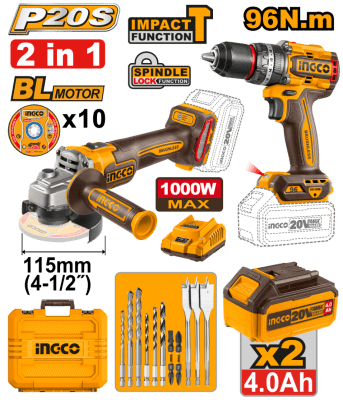 TALADRO PERCUTOR 96NM 20V + ESMERIL 1000W1