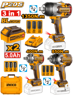 COMBO DE PISTOLA DE IMPACTO 3/4 1350NM + 1/2 850NM + 1/2 400NM - INGCO1