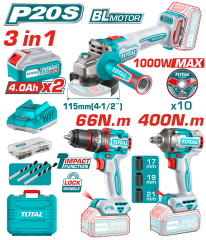 COMBO 20V AMOLADORA + TALADRO + LLAVE IMPACTO 2X4.0AH