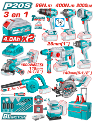 COMBO 20V 9 EN 1. TALADRO, LLAVES, ROTOMARTILLO, AMOLADORA, LINTERNA Y MÁS 2X4.0AH + ACC