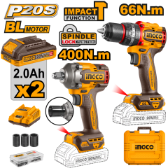 SET ATORNILLADOR PERCUTOR 20V BATERIA P20S + LLAVE DE IMPACTO 400NM 20V P20S C VALIJA Y BAT INGCO CK