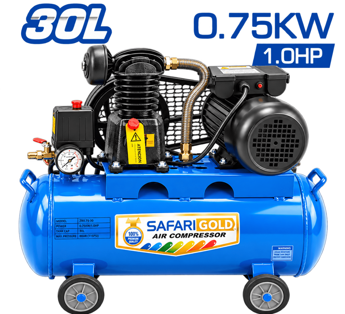 COMPRESORA DE FAJA 30L 1.0HP (0.75KW) 8BAR 0