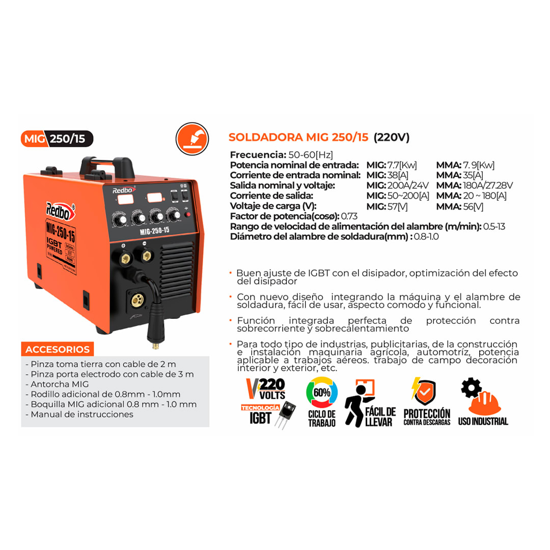 SOLDADORA INVERTER MIG 250 REDBO2