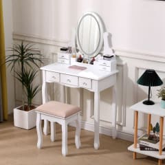 TOCADOR MAQUILLAJE MADERA BANCA + ESPEJO LUZ LED CATERINA