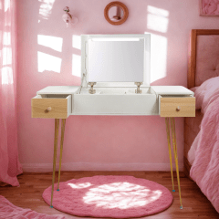 TOCADOR MAQUILLAJE METAL MADERA BLANCO + ESPEJO CON LUZ ELENA