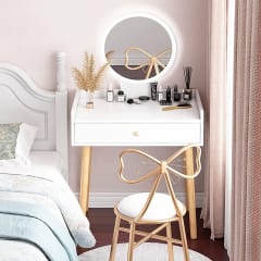 TOCADOR MAQUILLAJE MADERA BLANCO + ESPEJO LUZ LED COMPACT