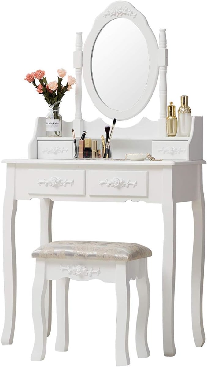 TOCADOR COMODA DE MAQUILLAJE MADERA BANCA + ESPEJO LORENZA4