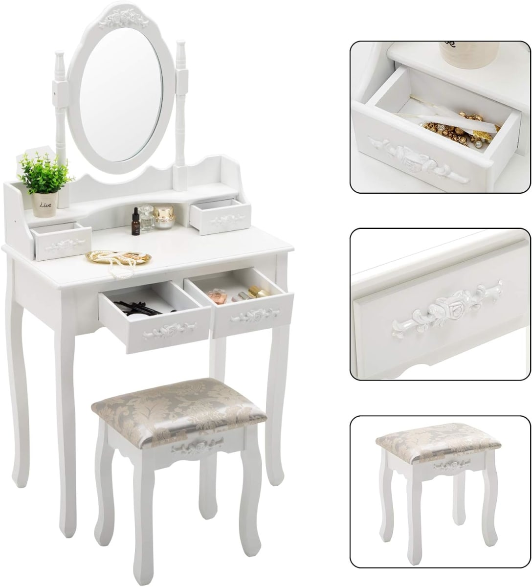 TOCADOR COMODA DE MAQUILLAJE MADERA BANCA + ESPEJO LORENZA5