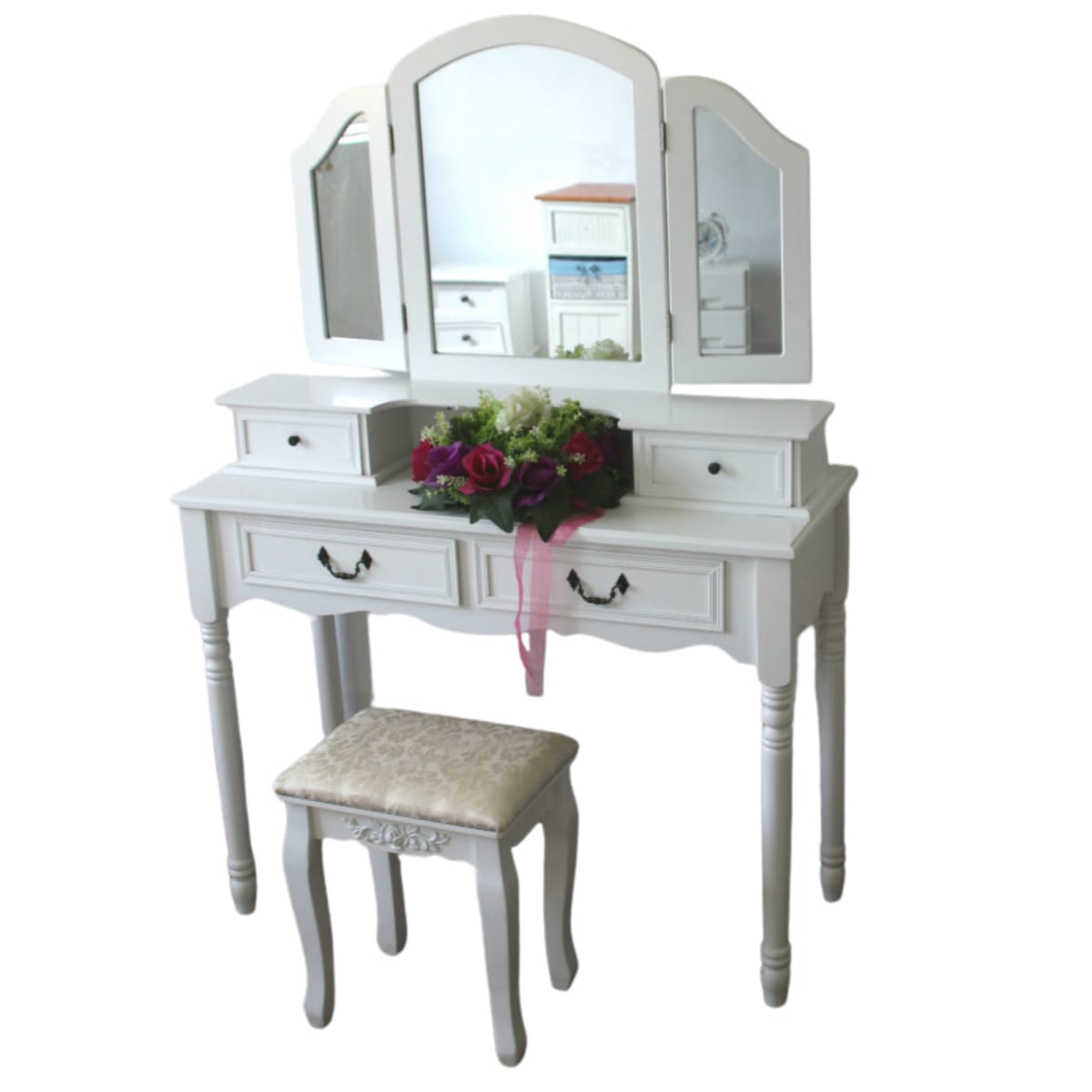 TOCADOR COMODA DE MAQUILLAJE MADERA BANCA + ESPEJO JOSEFA2