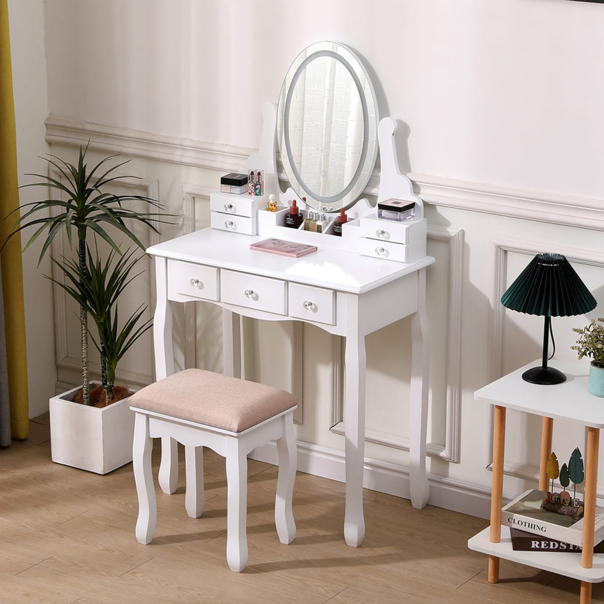 TOCADOR MAQUILLAJE MADERA BANCA + ESPEJO LUZ LED CATERINA1