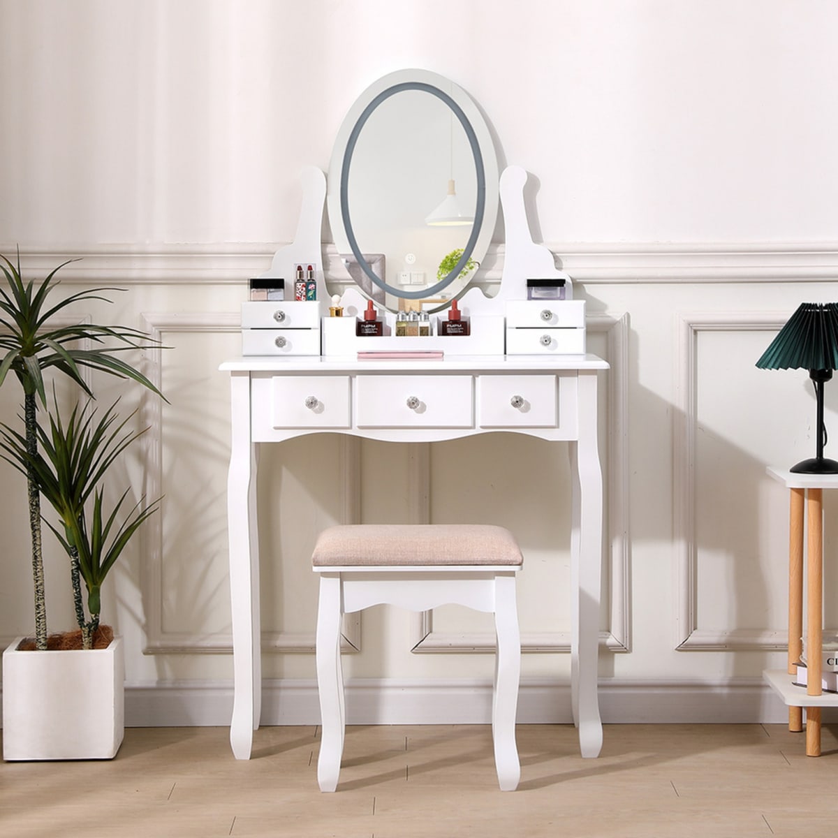 TOCADOR MAQUILLAJE MADERA BANCA + ESPEJO LUZ LED CATERINA2