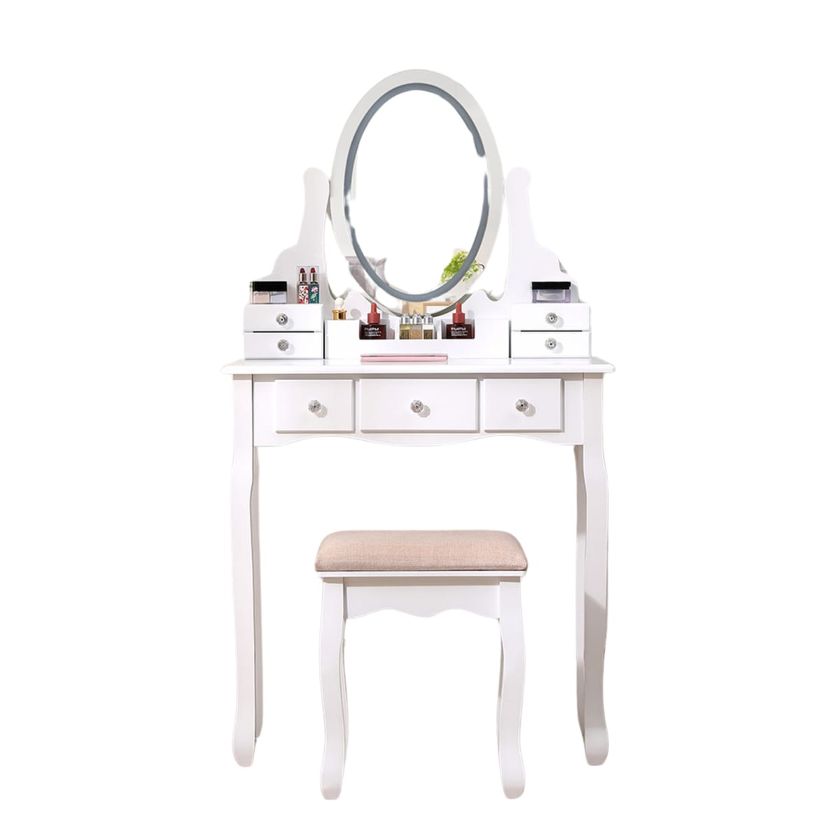 TOCADOR MAQUILLAJE MADERA BANCA + ESPEJO LUZ LED CATERINA3