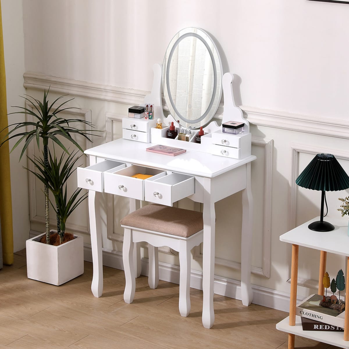 TOCADOR MAQUILLAJE MADERA BANCA + ESPEJO LUZ LED CATERINA4