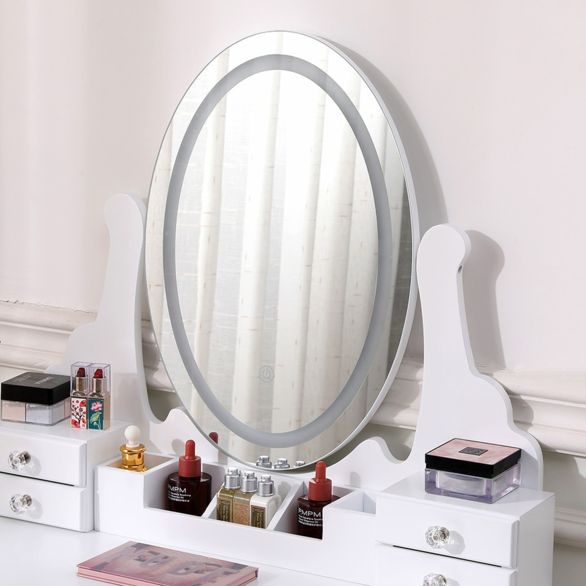 TOCADOR MAQUILLAJE MADERA BANCA + ESPEJO LUZ LED CATERINA5