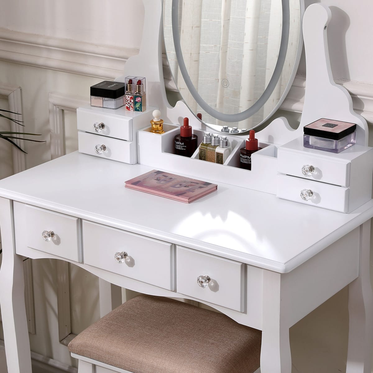 TOCADOR MAQUILLAJE MADERA BANCA + ESPEJO LUZ LED CATERINA6
