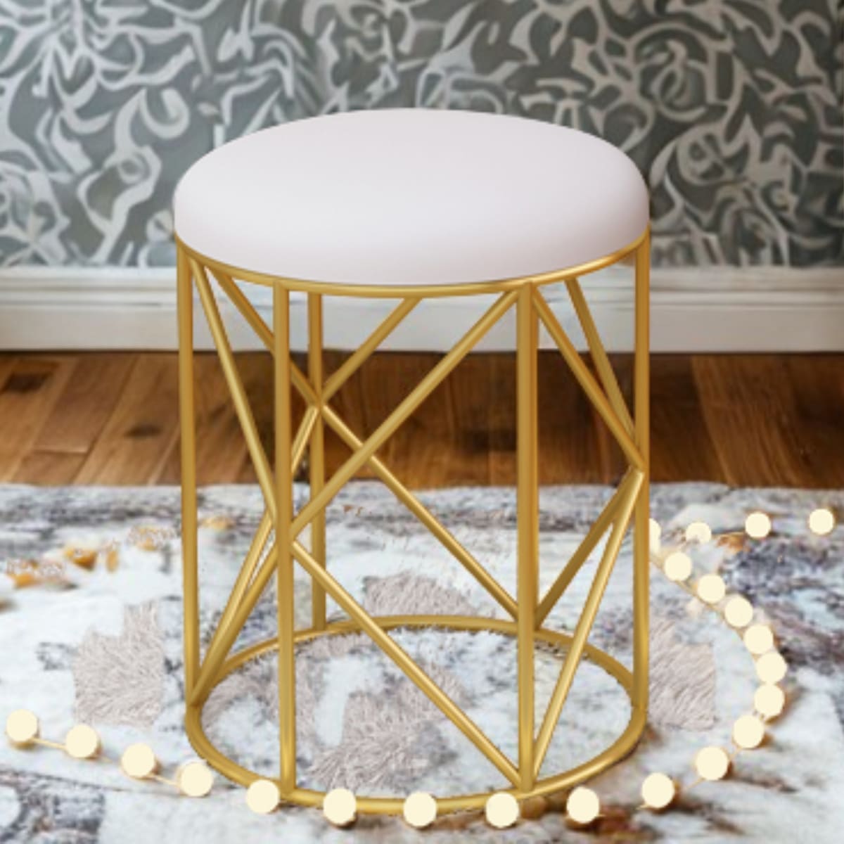 TABURETE DE TOCADOR METAL DORADO CUERO BLANCO EMMA1