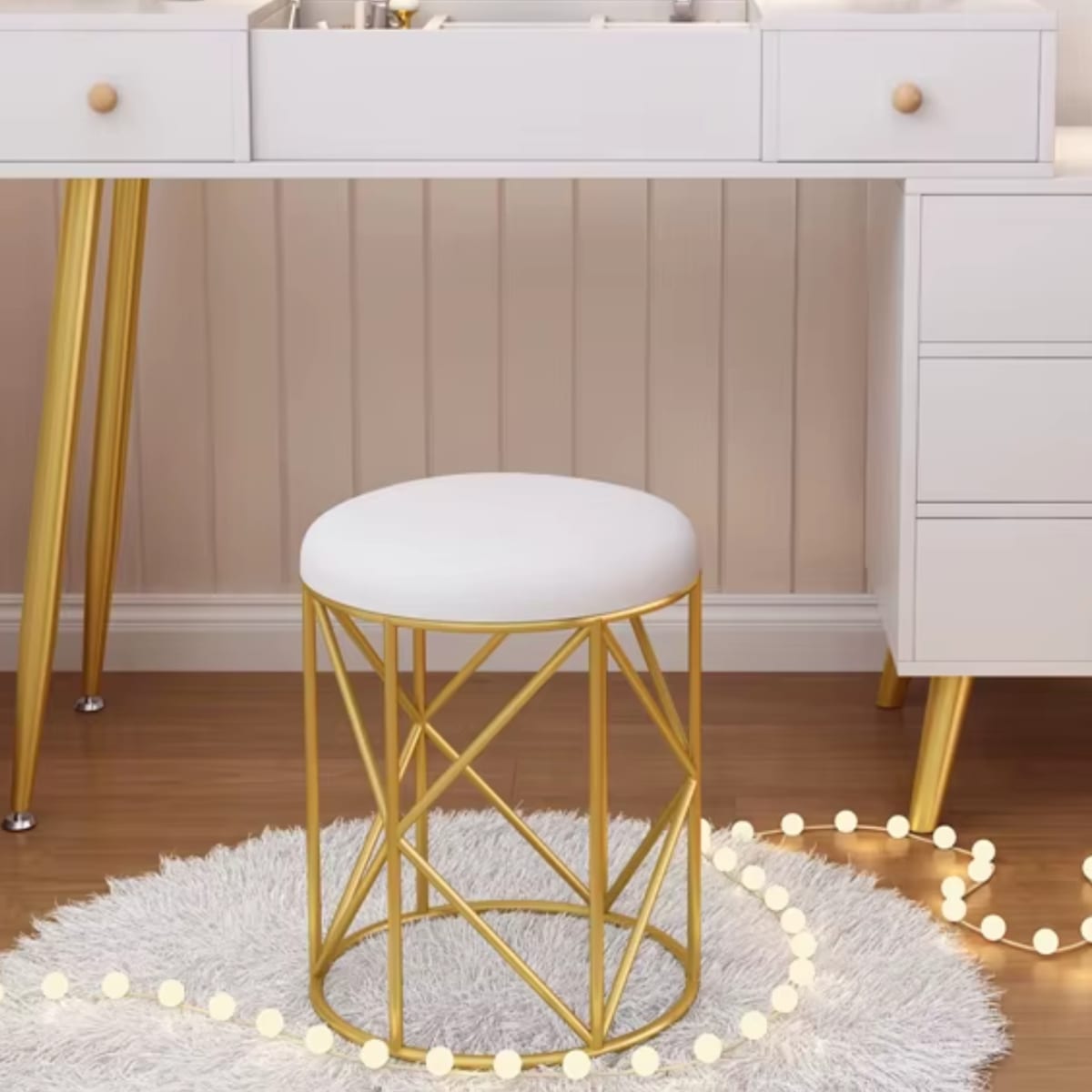 TABURETE DE TOCADOR METAL DORADO CUERO BLANCO EMMA2