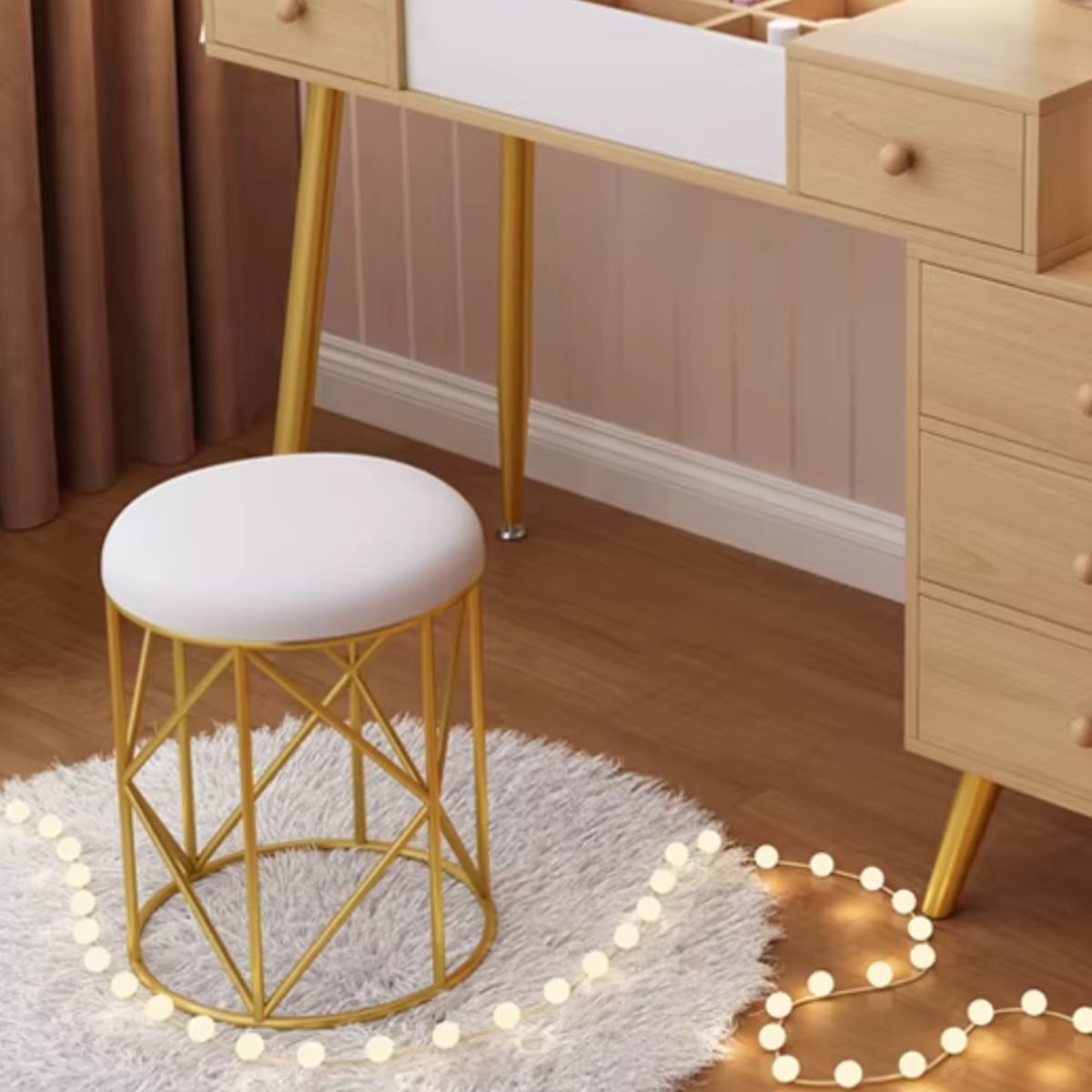 TABURETE DE TOCADOR METAL DORADO CUERO BLANCO EMMA3