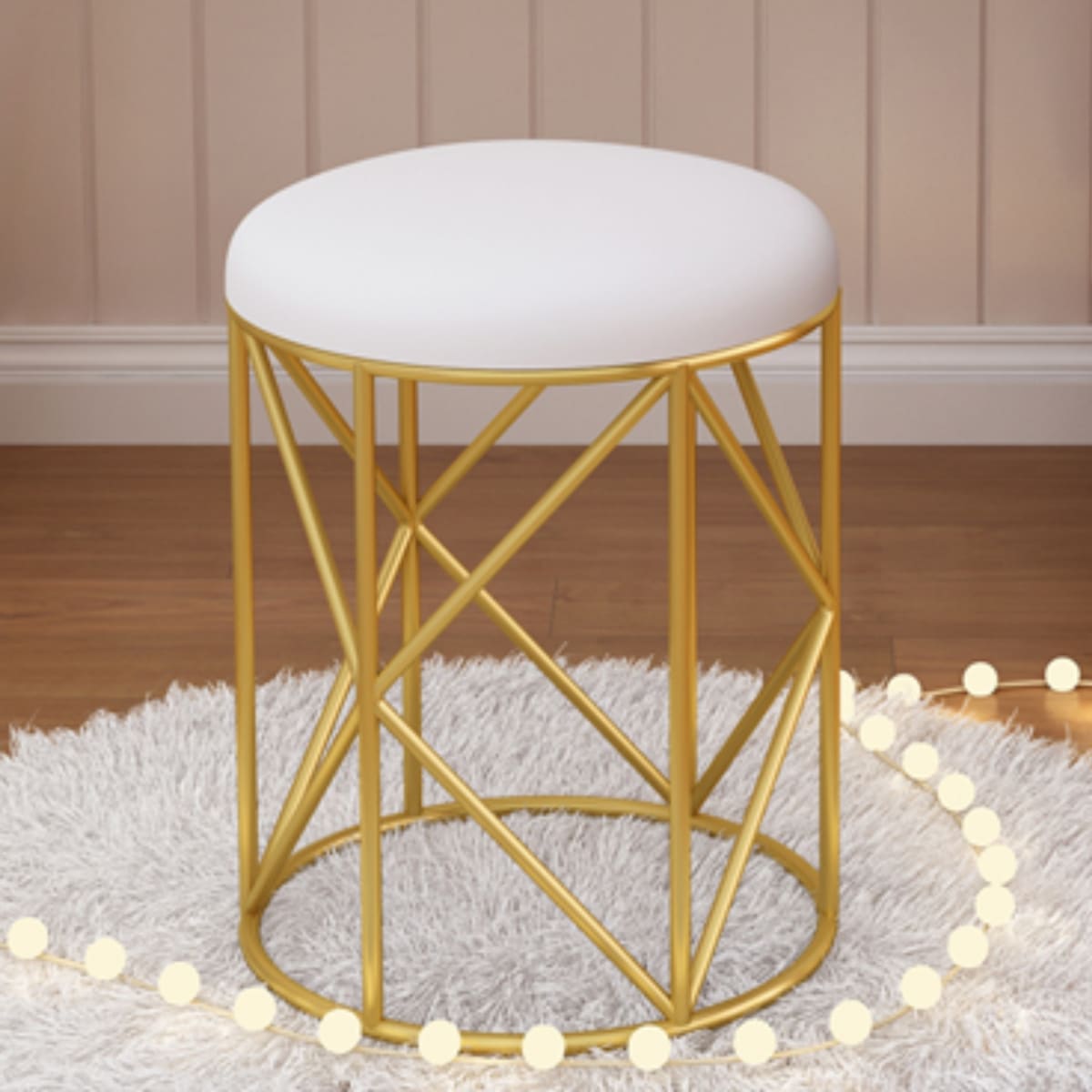 TABURETE DE TOCADOR METAL DORADO CUERO BLANCO EMMA4