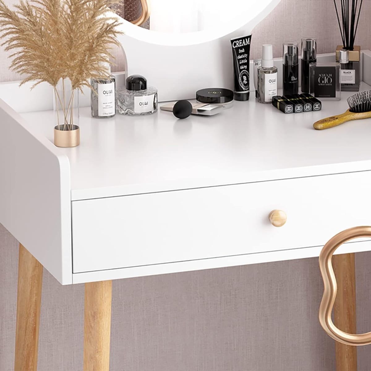 TOCADOR MAQUILLAJE MADERA BLANCO + ESPEJO LUZ LED COMPACT2