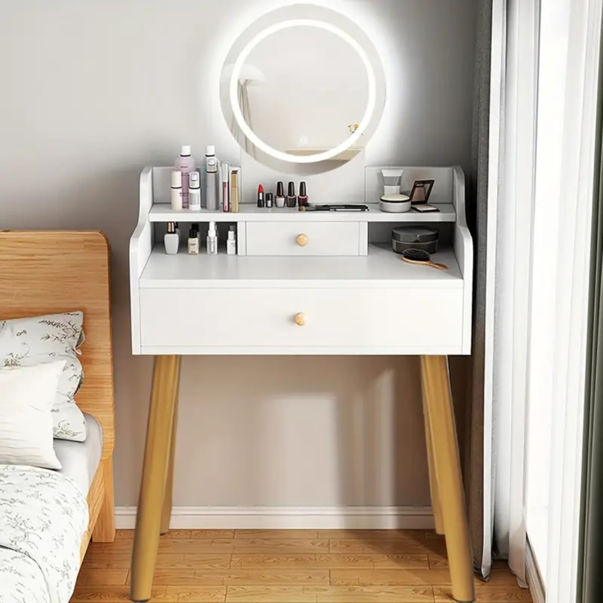 TOCADOR MAQUILLAJE MADERA BLANCO + ESPEJO LUZ LED DEMI COMPACT1