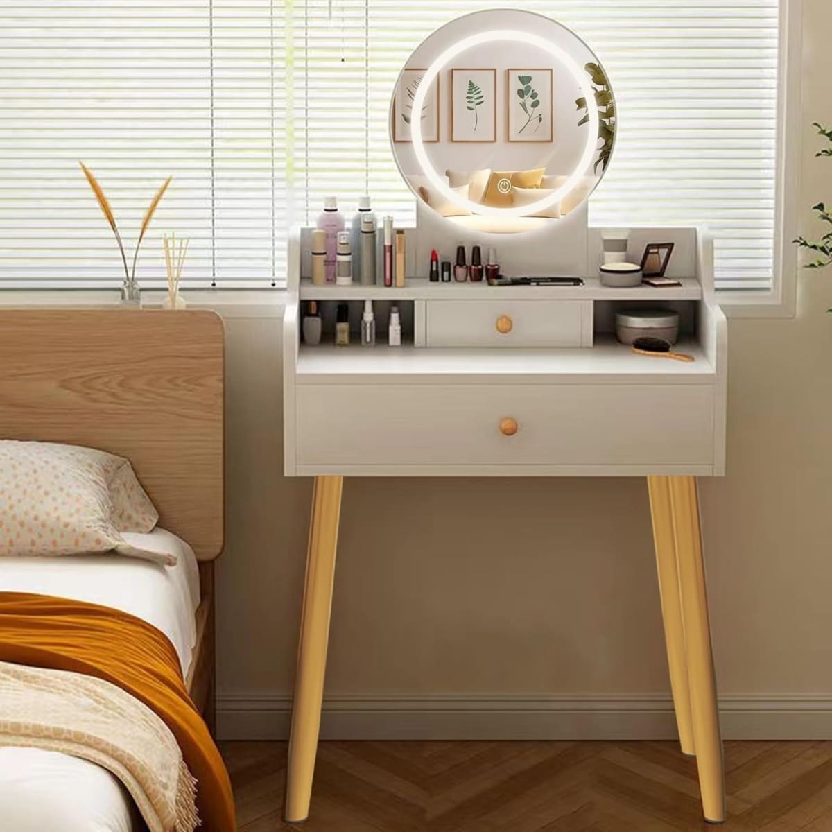 TOCADOR MAQUILLAJE MADERA BLANCO + ESPEJO LUZ LED DEMI COMPACT2