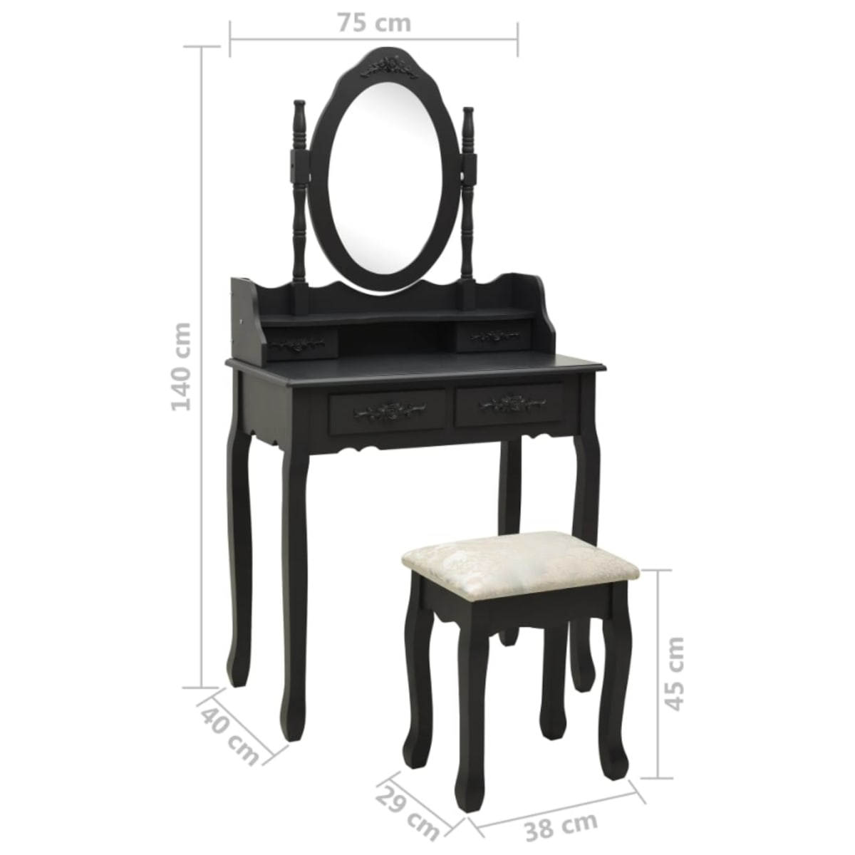TOCADOR MAQUILLAJE MADERA NEGRO BANCA + ESPEJO VANESA9