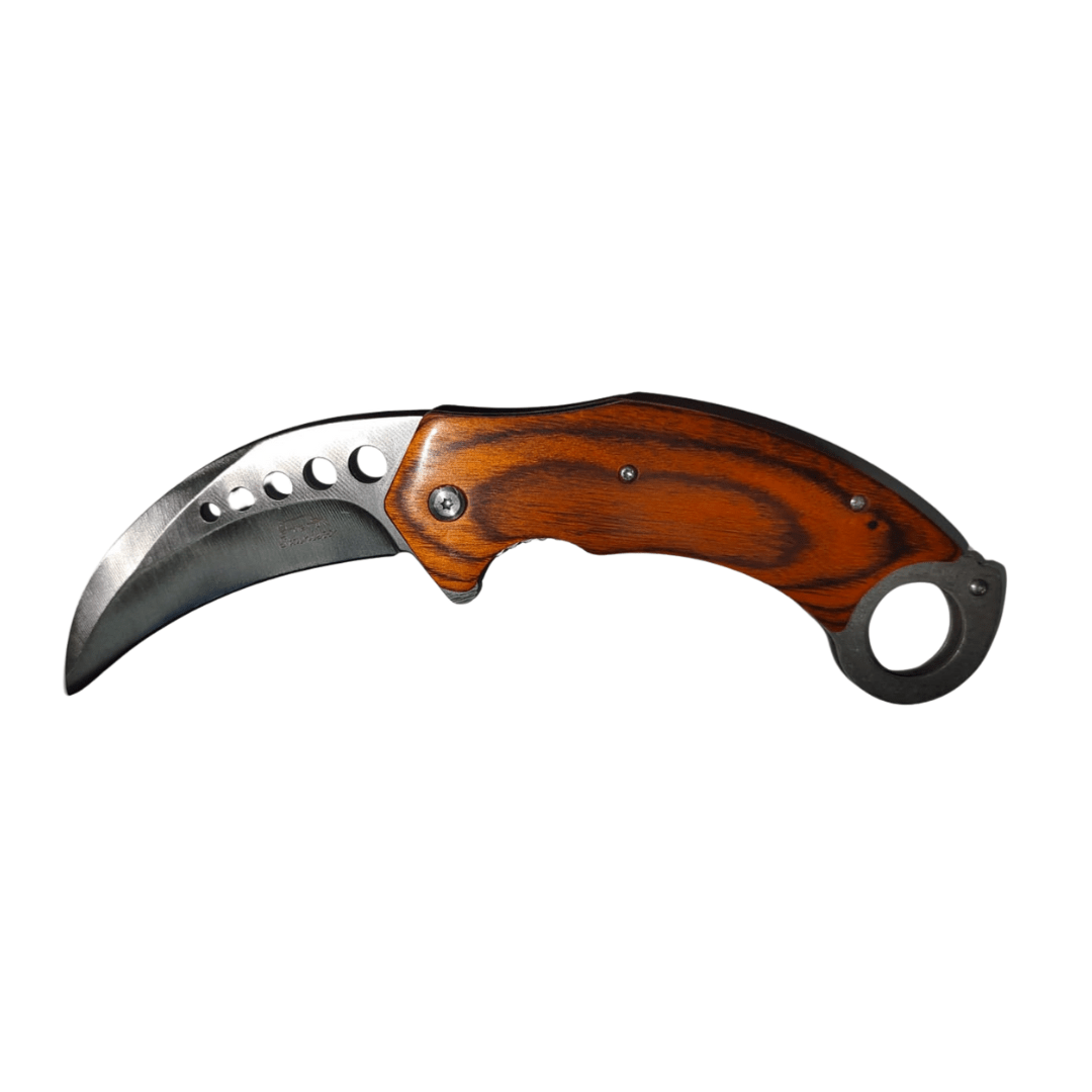 CUCHILLO STAINLESS CARAMBIT MADERA1
