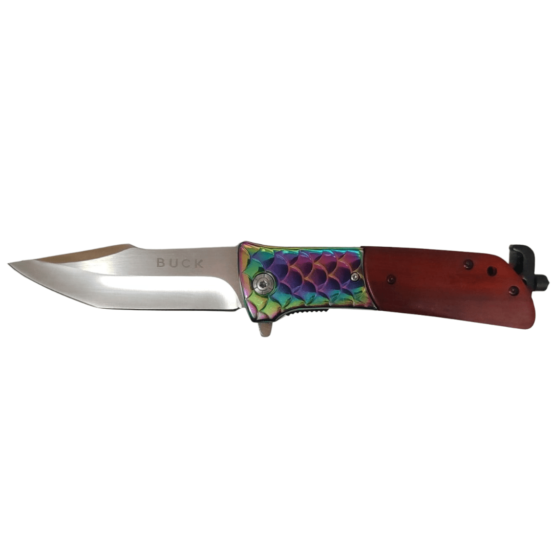 CUCHILLO BUCK-MANGO MADERA Y ESCAMA TORNASOL1