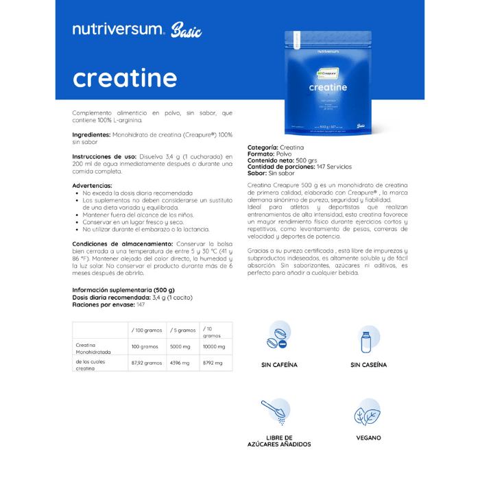 Creatine 100% Creapure Nutriversum 500g / 147 Servicios2