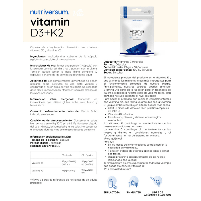 Vitamin D3+K2 - Nutriversum - 29g / 60 Cápsulas2