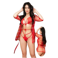 Lencería con bata Sexy Encaje Rojo