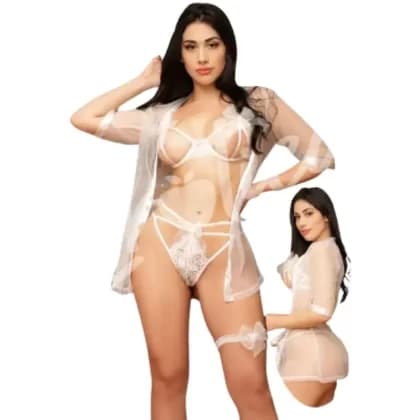 Lencería con bata Sexy Lazo con Encaje Blanco1