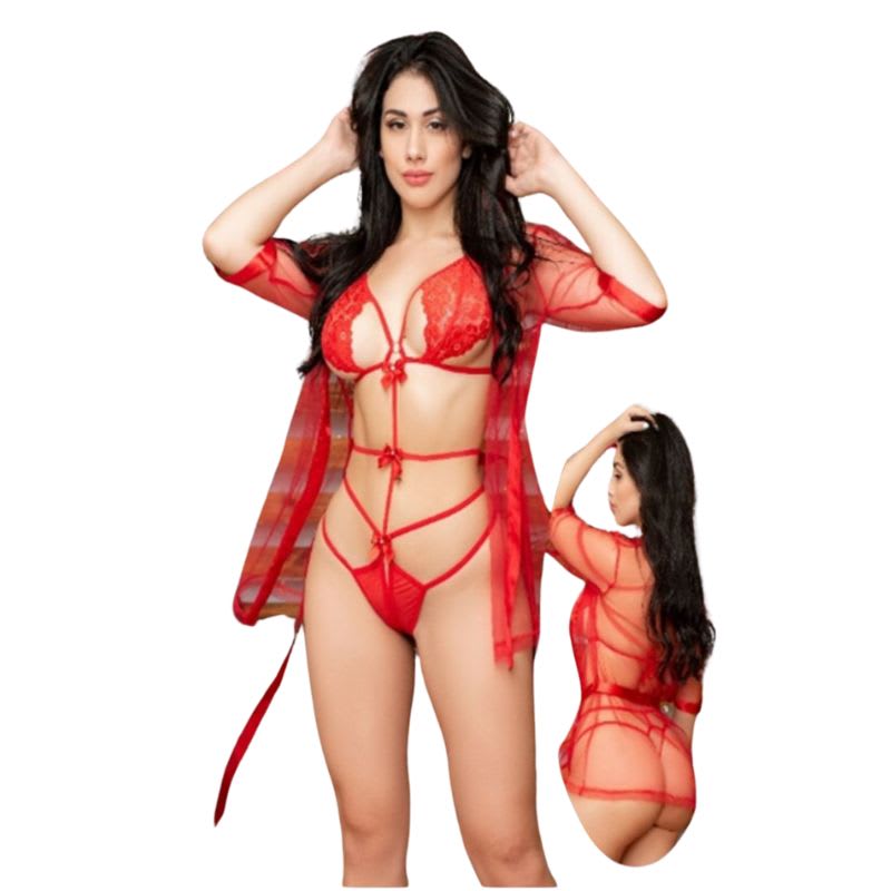 Lencería con bata Sexy Encaje Rojo1