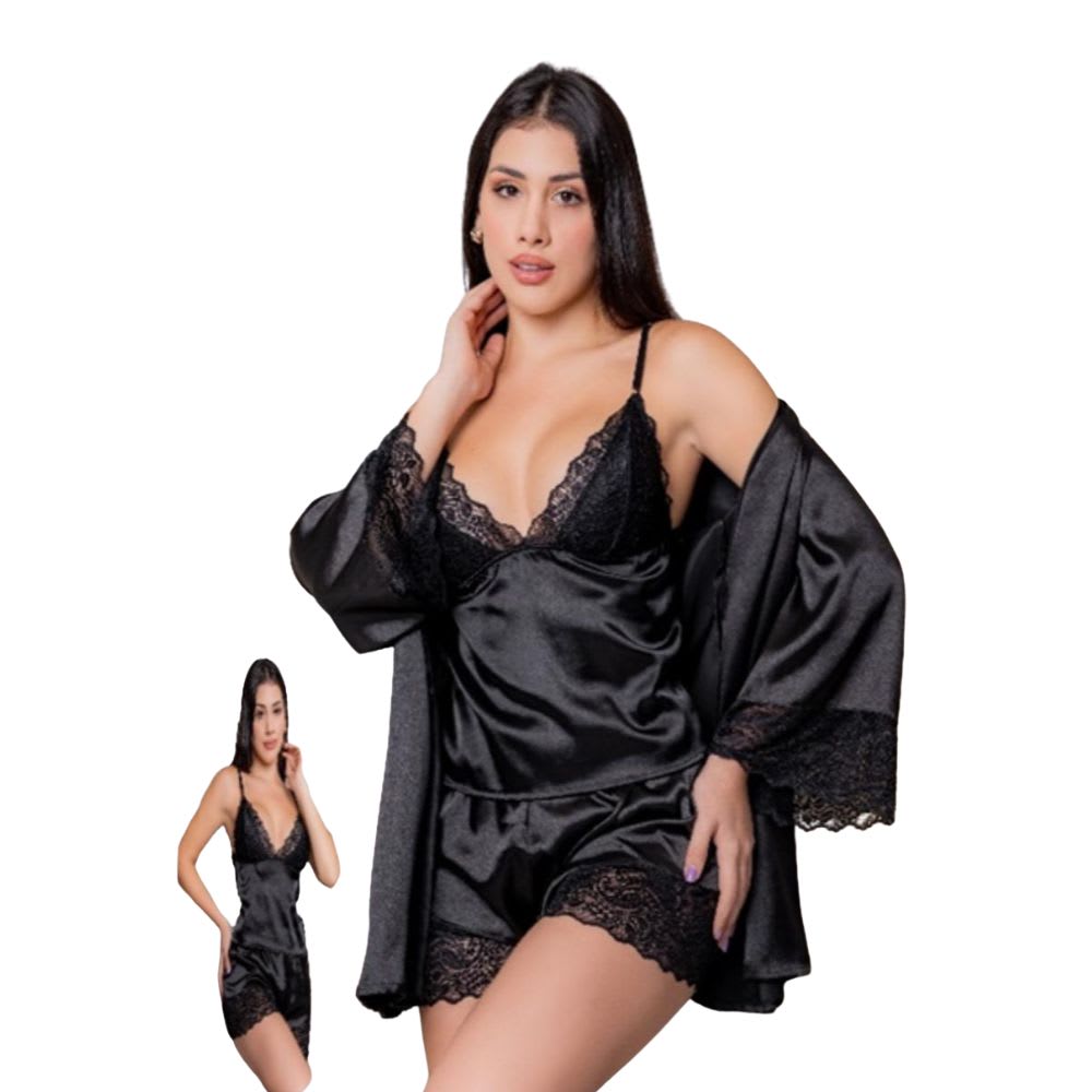 Lencería con bata Sexy Encaje Negro 21