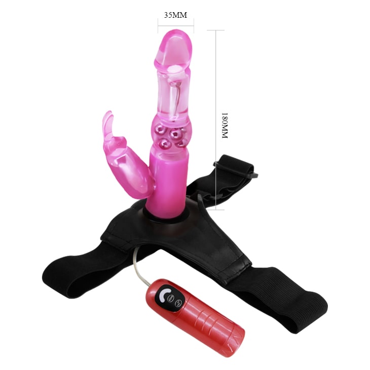 Vibrador con estimulador de clítoris con arnes ajustable3
