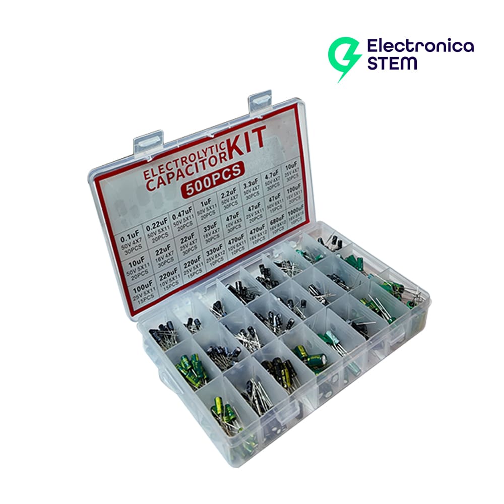 Kit 500 capacitores electrolíticos surtidos 0.1uF–1000uF1