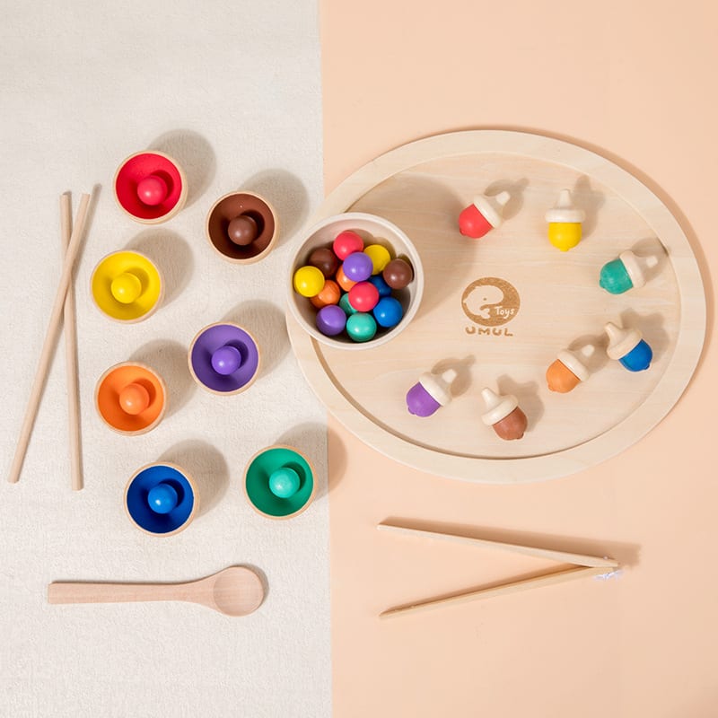 Bellotas de Colores con Pinzas, Cuchara y Palitos - Madera6