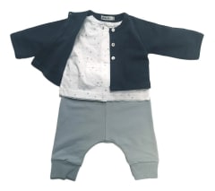 SET ROPA BEBÉ BLUSA, PANTALÓN Y CHALECO GRIS/AZUL