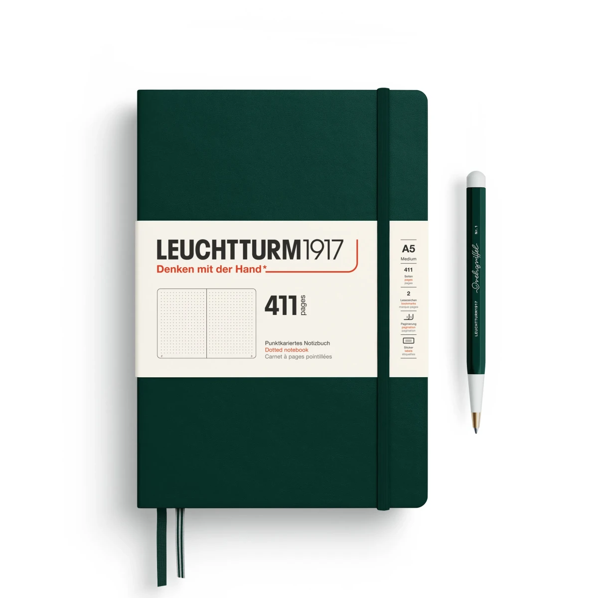 Libreta Mediana leuchtturm1917 A5 Tapa Dura 411 Páginas Puntos, Forest Green1