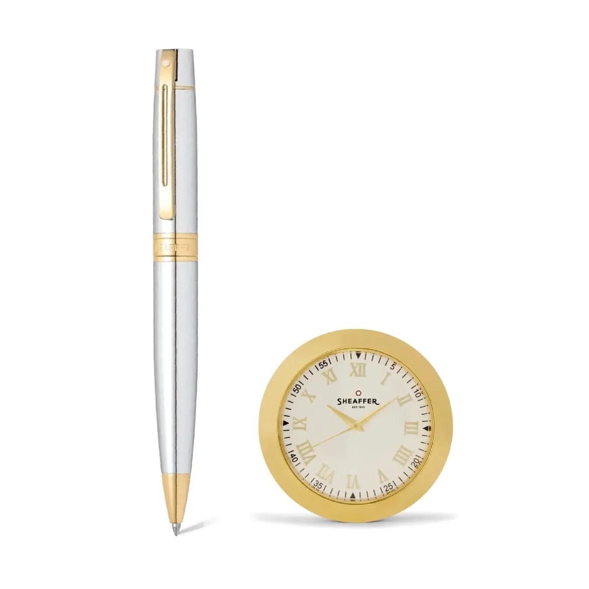 Bolígrafo Sheaffer S300 G9342 Cromo Brillante GT + Reloj de mesa chapado en Oro1