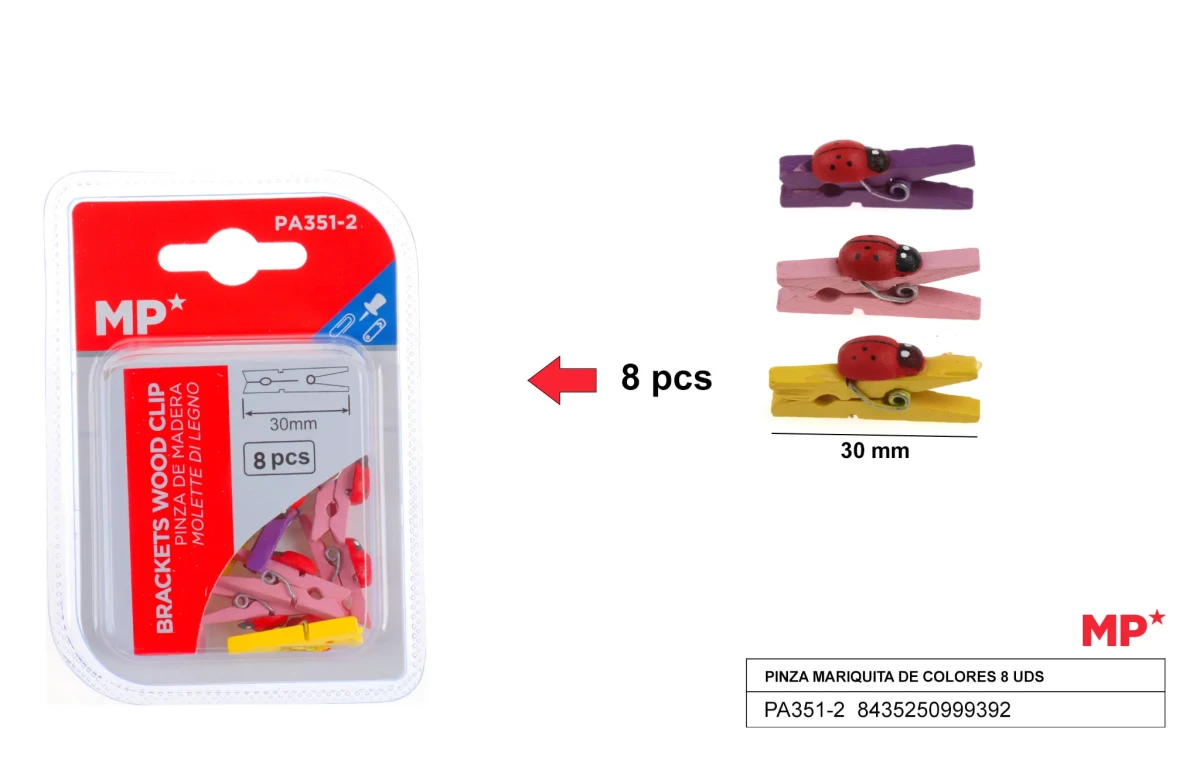Caja De Pinzas De Madera De Colores Con Adorno 30mm X 8Udsdo1
